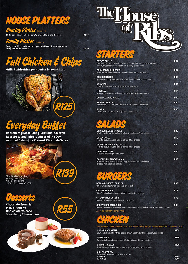 The House of Ribs Menu Boksburg